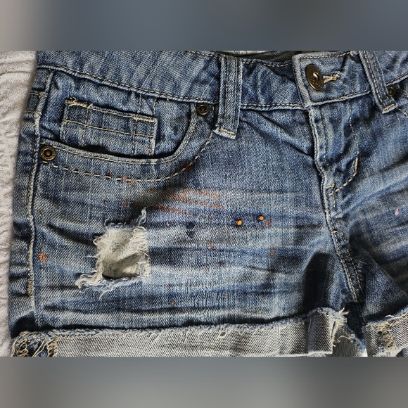 Womens Mudd Blue Jean Shorts Size 5 Pink Orange Paint Splatter - Picture 7 of 10